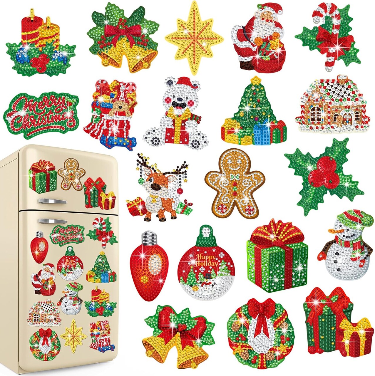 20 Pcs Christmas Diamond Art Magnets – 3.15" x 3.15" Full Drill DIY Refrigerator Magnets with Santa, Snowman & Deer, Xmas Craft Ornaments
